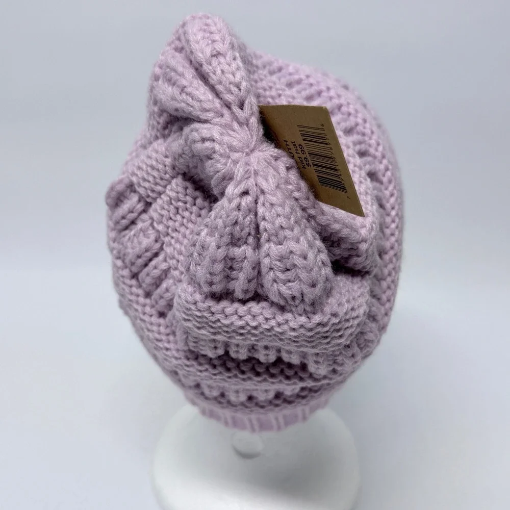 James Paul Youth Messy Bun Beanie Lavender Purple Cable Knit Ponytail Hat NEW